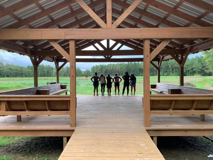 campers outside pavilion